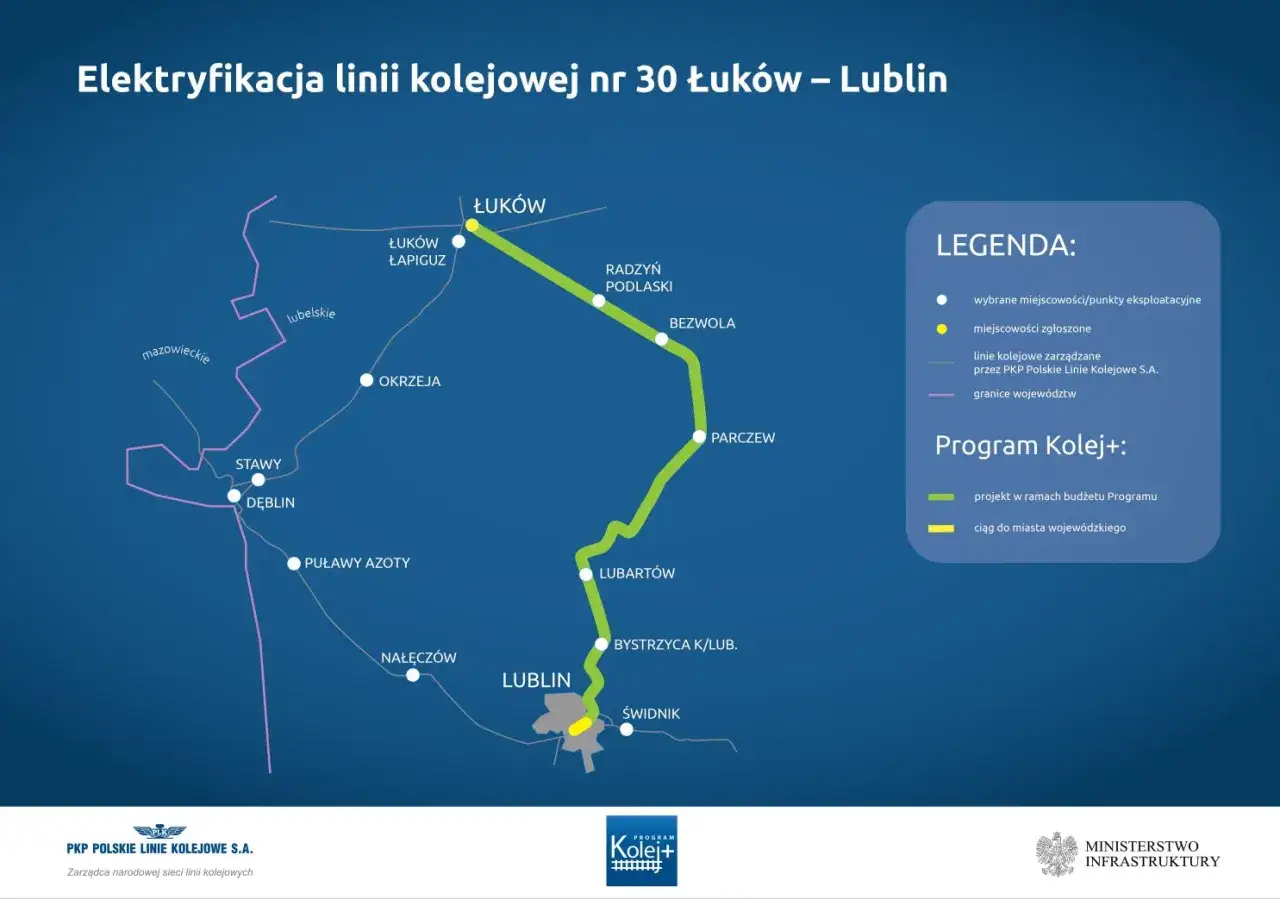 Mapa elektryfikacji linii kolejowej nr 30 Łuków – Lublin. Sprawdź **szynobus Parczew Lublin godziny odjazdu** na tej trasie.