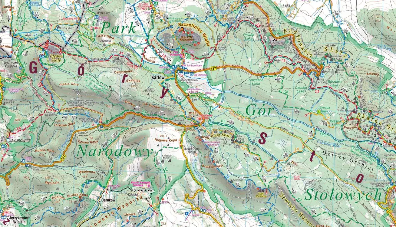 Mapa Gór Stołowych z zaznaczonymi miejscowościami noclegowymi
