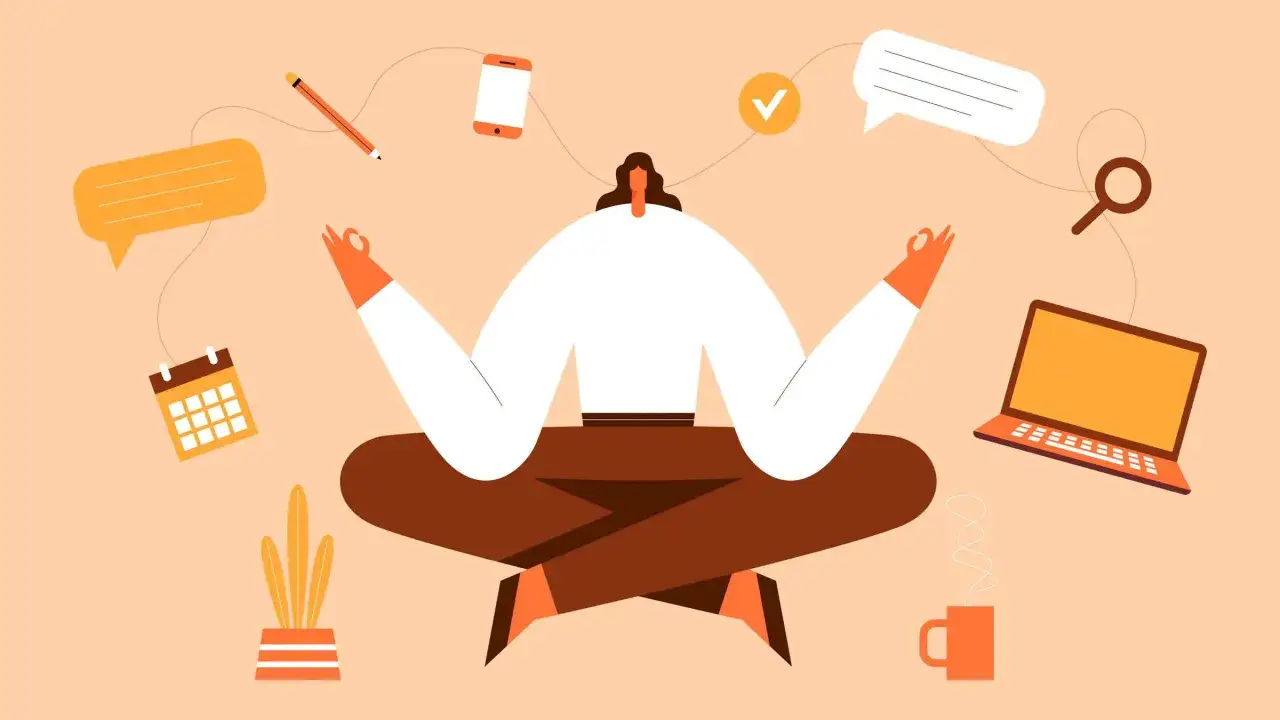 Persona in meditazione, circondata da icone digitali. Un momento di **digital detox** per ritrovare la serenit&agrave;.