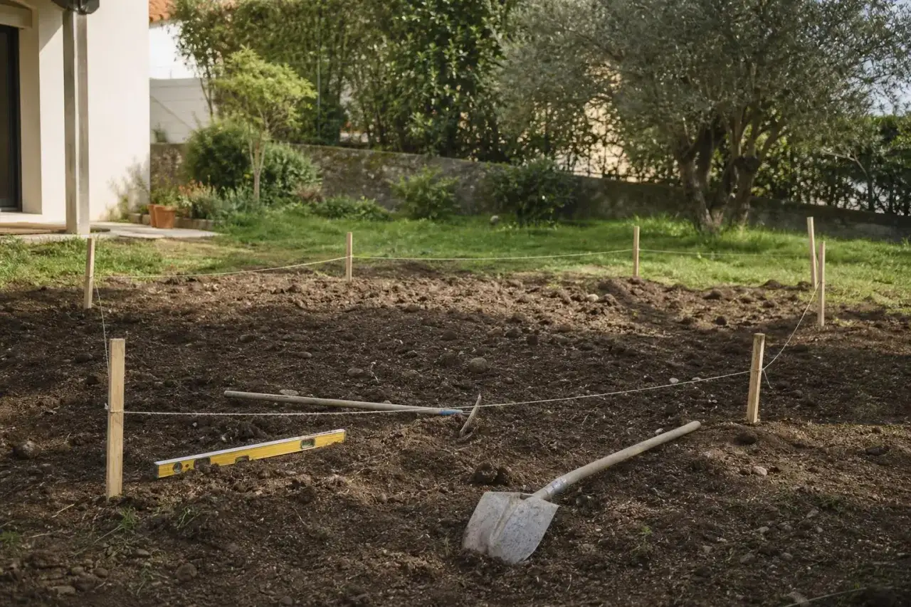 Outils de jardinage (pelle, râteau, niveau) et piquets avec corde pour savoir comment aplanir un terrain.