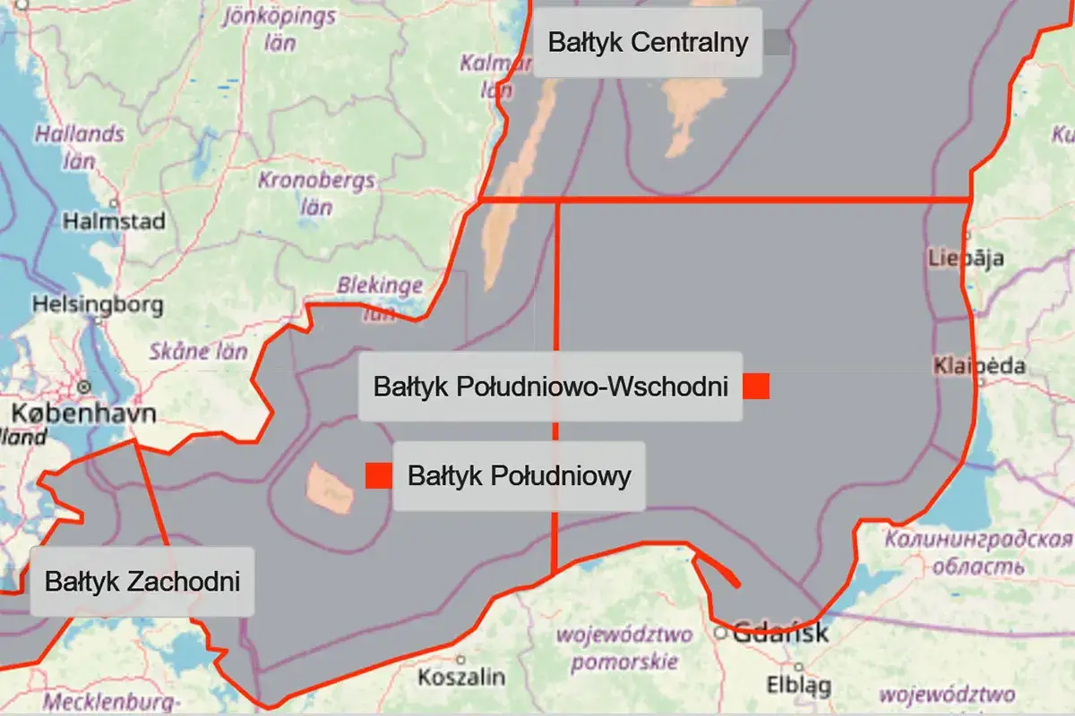 Mapa Bałtyku z podziałem na rejony: Zachodni, Południowy, Południowo-Wschodni i Centralny. Wiatr swobodnie wieje nad tymi wodami.