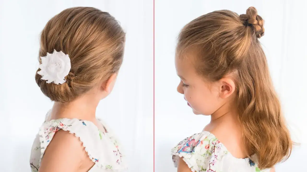 Dos peinados divertidos para niños: un moño bajo con flor blanca y una coleta alta trenzada.