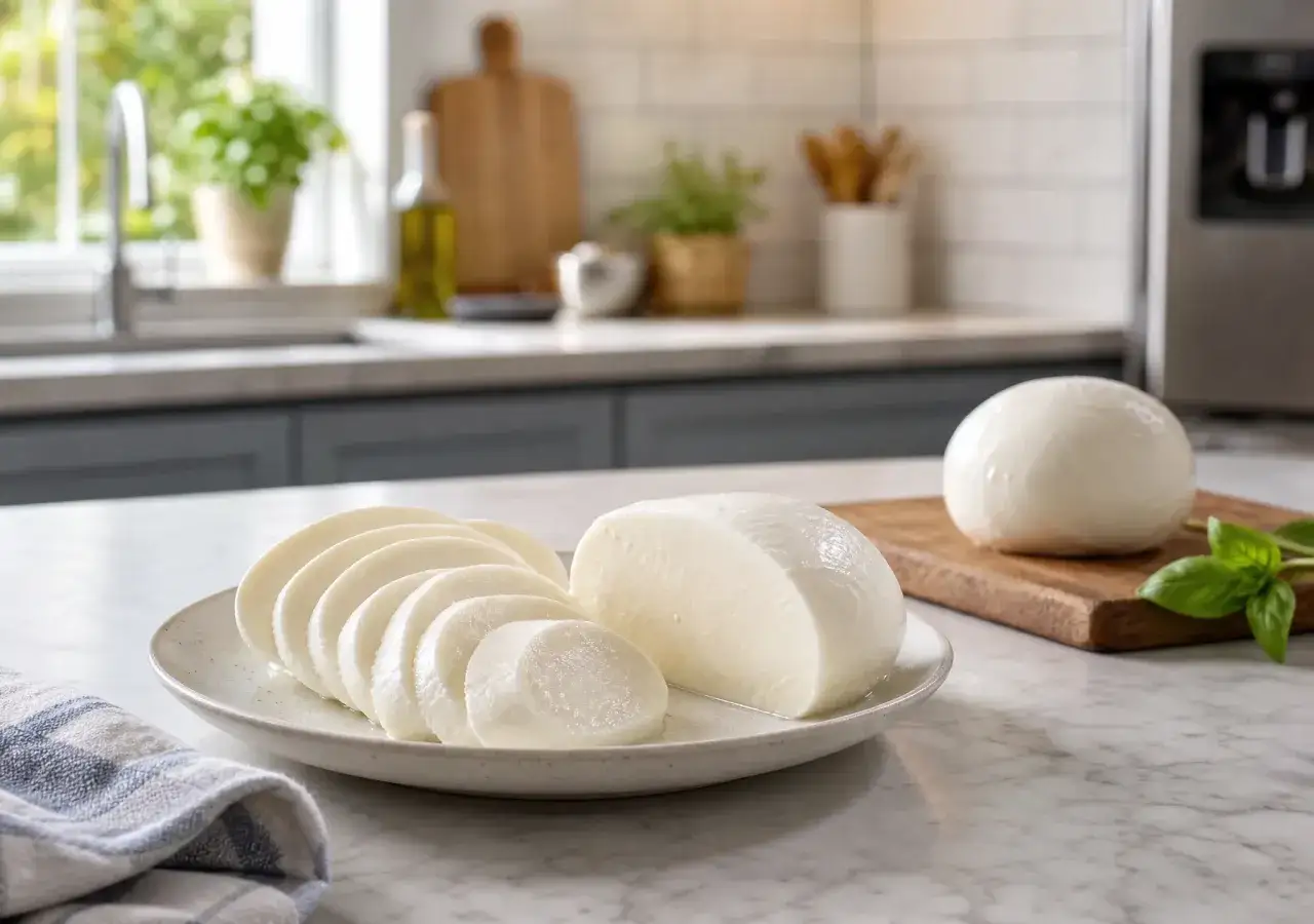 Frischer Mozzarella, angeschnitten und als Kugel auf einem Brett. Man kann Mozzarella einfrieren, um ihn länger haltbar zu machen.