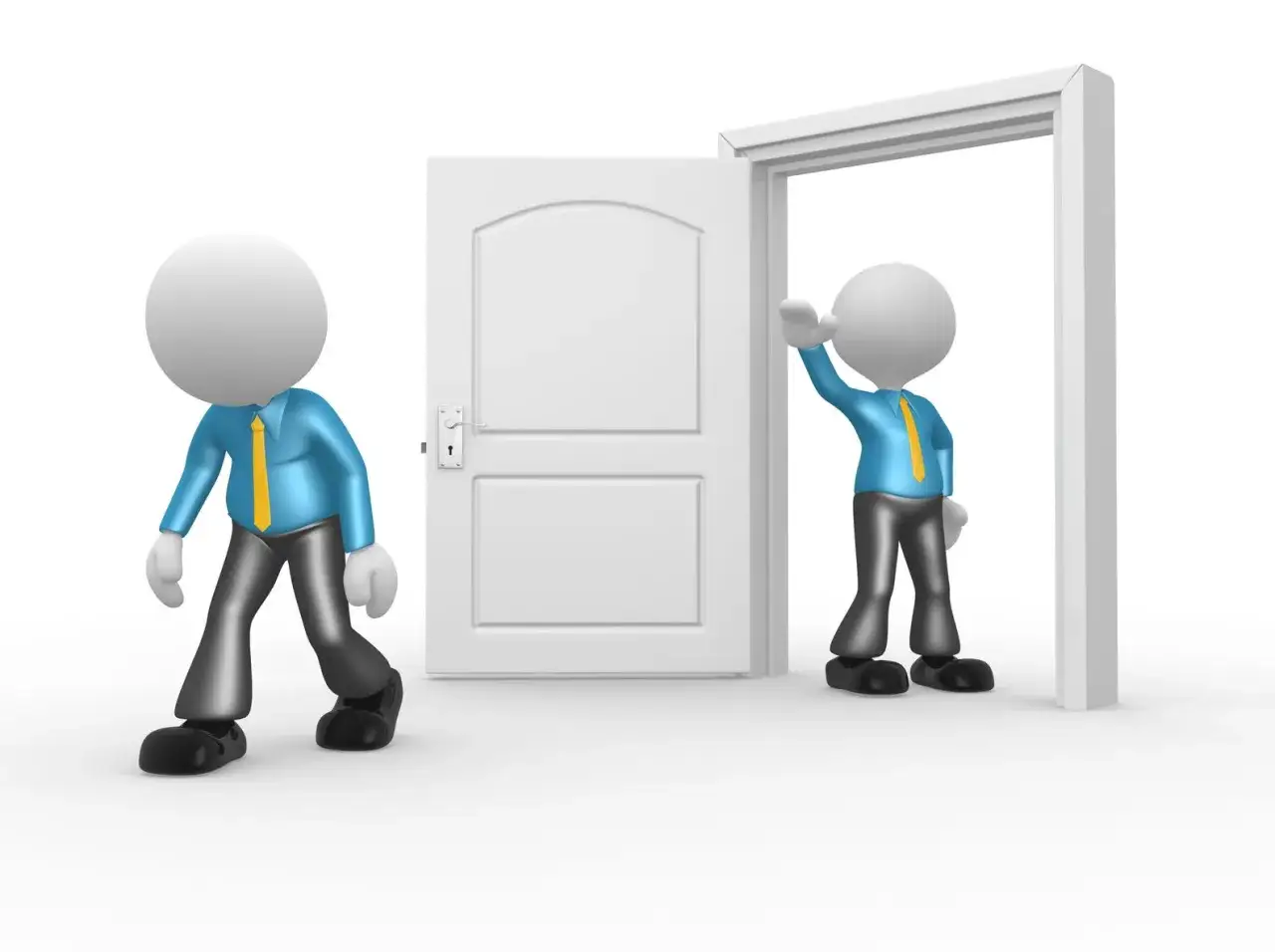 Un omino esce da una porta, con un altro che lo saluta dall'altra parte. Dopo lo sfratto devo pagare.