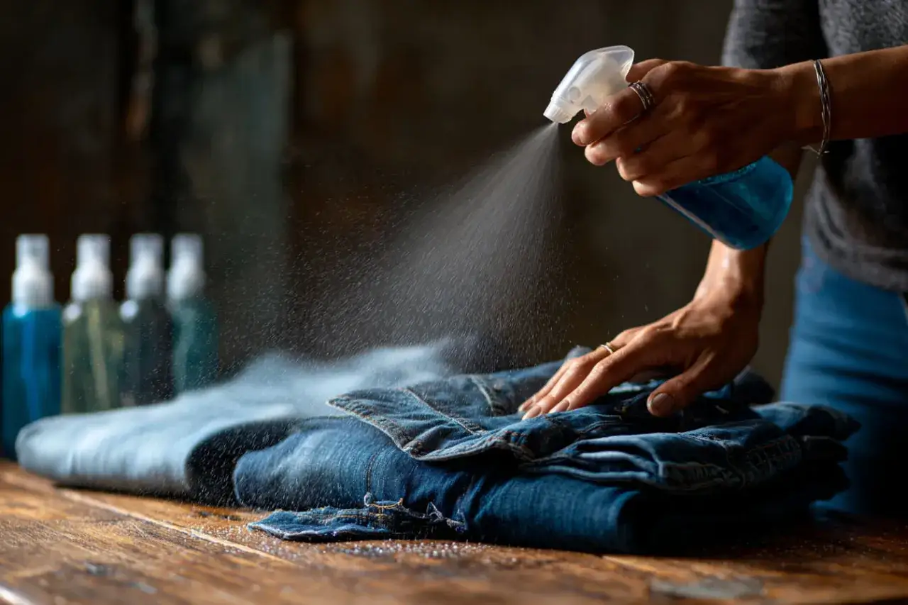 H&auml;nde spr&uuml;hen eine Fl&uuml;ssigkeit auf gefaltete Jeans, um sie weicher zu machen. Mehrere Spr&uuml;hflaschen stehen im Hintergrund.