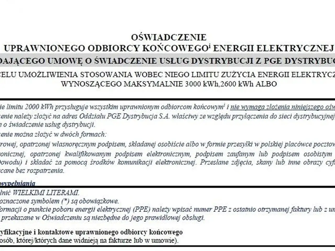 Oświadczenie uprawnionego odbiorcy energii elektrycznej dotyczące limitu zużycia 3000 kWh. Wniosek o tańszy prąd można złożyć osobiście lub elektronicznie.