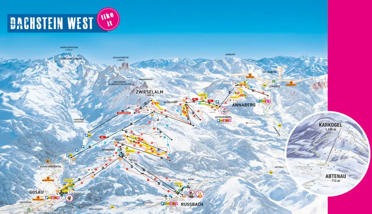 Mapa ośrodka narciarskiego Dachstein West z zaznaczonymi trasami i wyciągami.