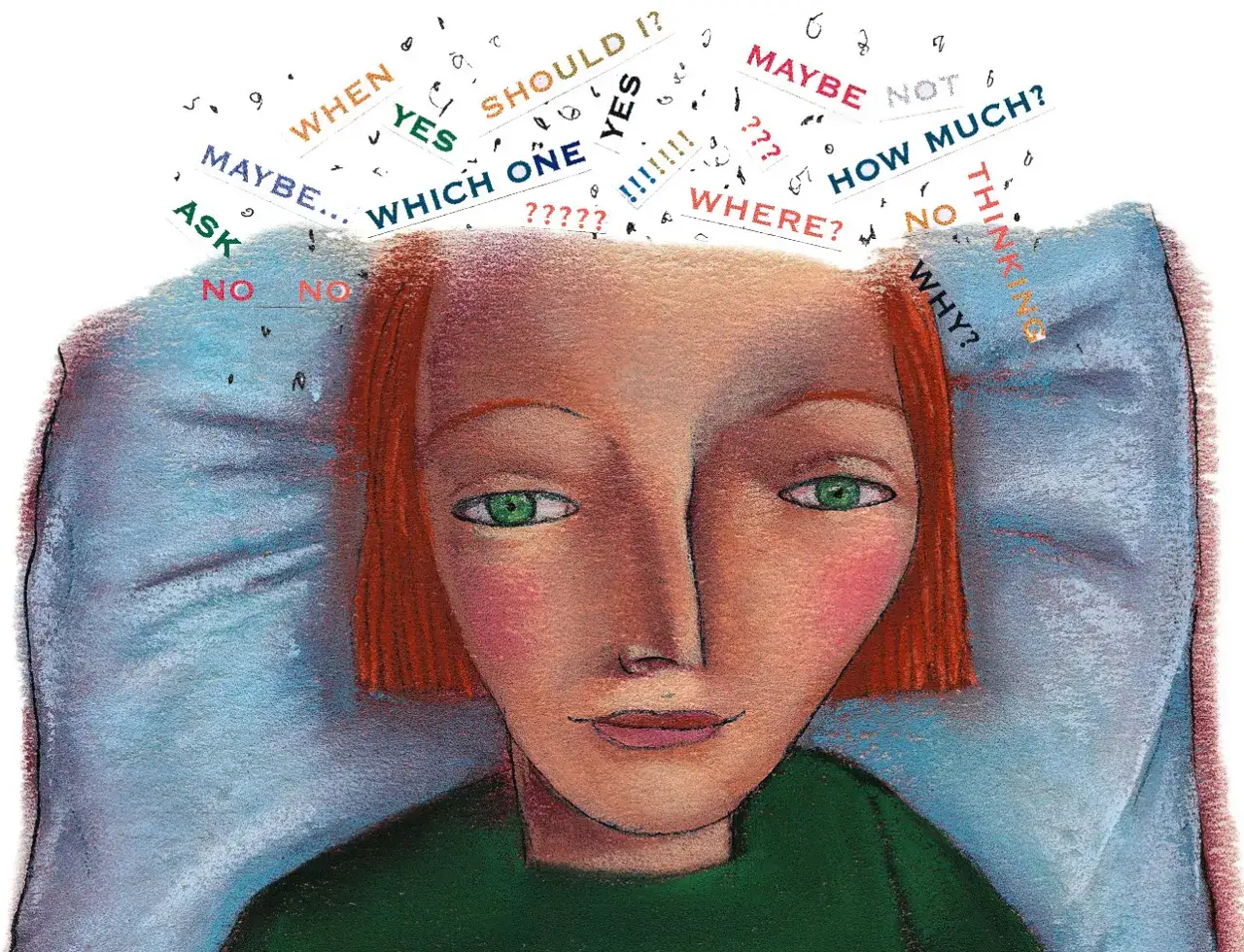 A person's head is filled with words like