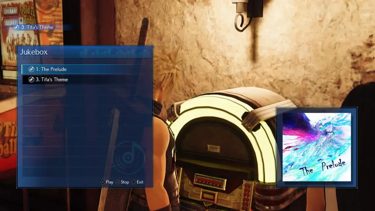 Cloud wählt im Jukebox-Menü von FF7 Remake