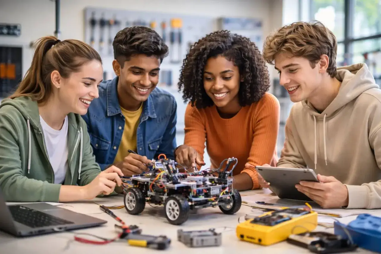 Estudiantes colaboran en un proyecto de rob&oacute;tica, desarrollando competencias clave en educaci&oacute;n STEM.