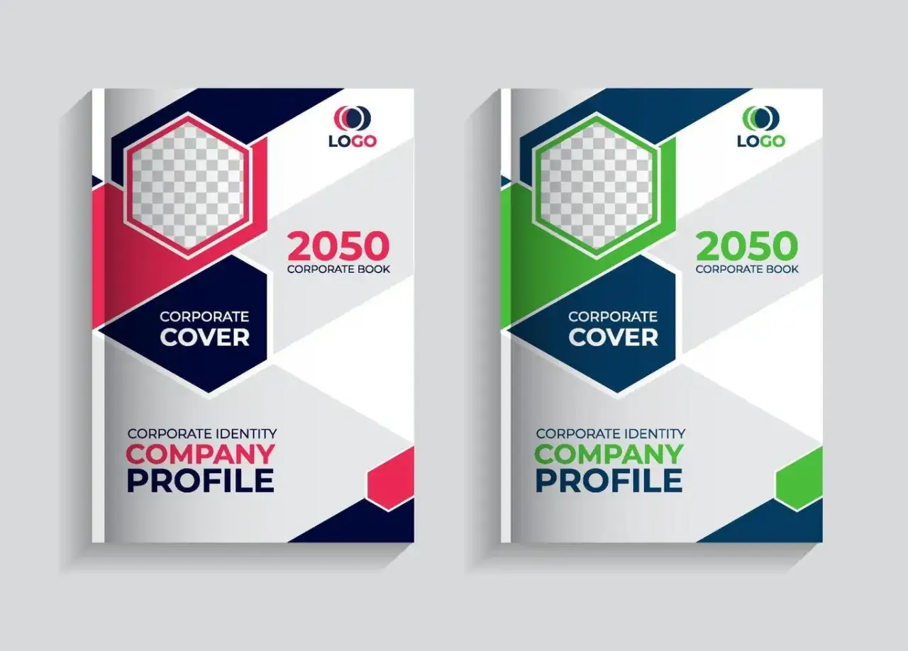 Dos portadas de libro corporativo, una en rojo y otra en verde, listas para hacer portada online.