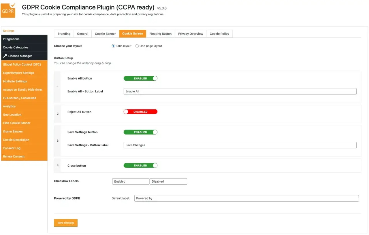 Ustawienia wtyczki GDPR do zarządzania ciasteczkami w WordPress. Konfiguracja przycisków