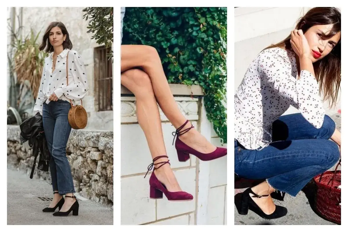 Trois femmes adoptent un style **mary style** décontracté chic : chemise à pois, jean, et escarpins.