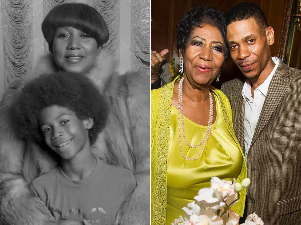 Aretha Franklin z synem Kecalfem. Na zdjęciu po lewej młoda Aretha z synem, po prawej starsza z innym z jej dzieci.