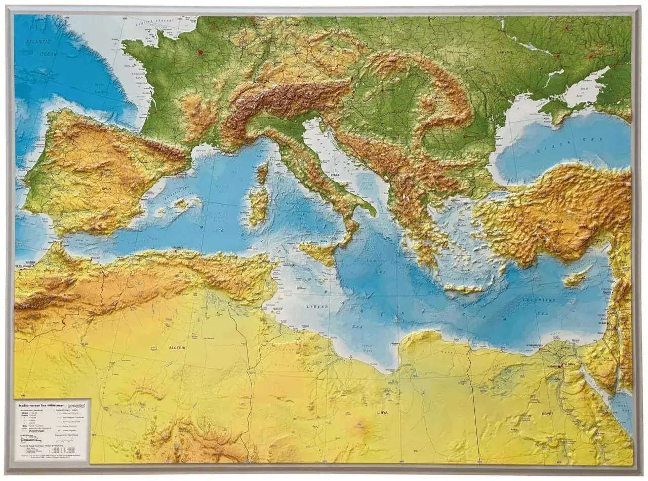 Trójwymiarowa mapa Europy, Afryki Północnej i Bliskiego Wschodu z zaznaczonym Morzem Śródziemnym (Mediterranean Sea).