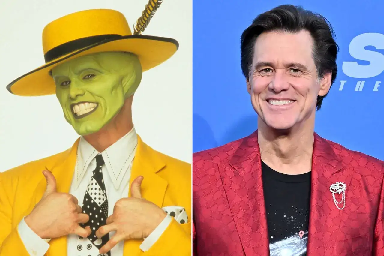 Jim Carrey jako Maska i Jim Carrey w czerwonej marynarce. Ikoniczna maska obsada i aktor.