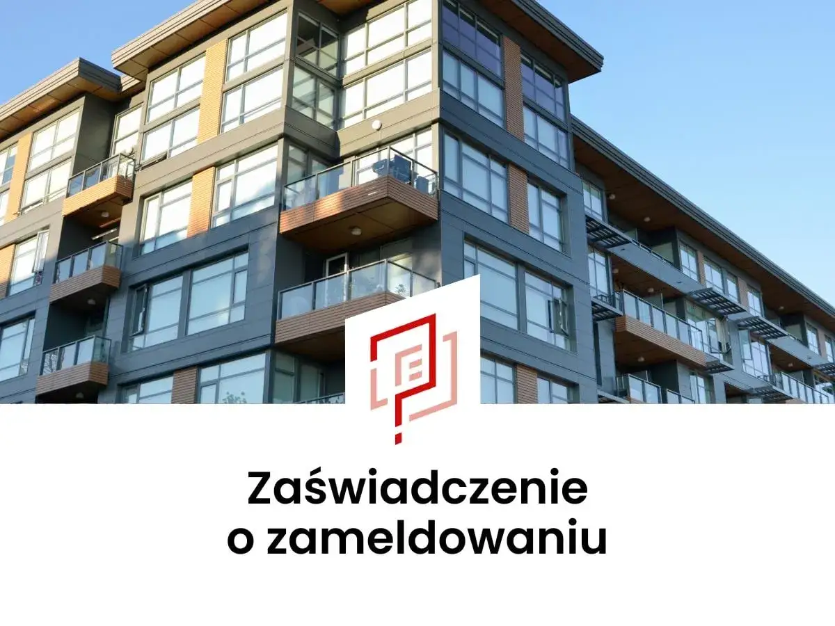 Nowoczesny budynek mieszkalny. Pod spodem napis
