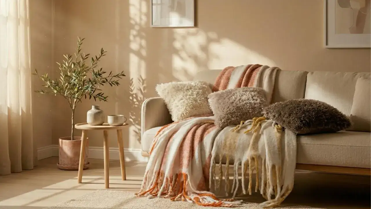 Ett fint vardagsrum med en bekväm soffa draperad i mjuka plädar och fluffiga kuddar. Solens strålar skapar ett vackert mönster på väggen.