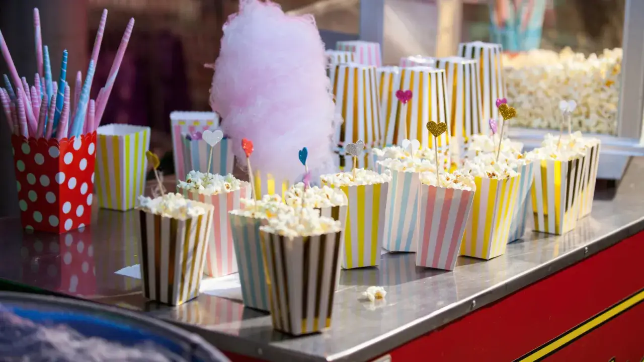 F&auml;rgglada popcornboxar med hj&auml;rtformade dekorationer och en fluffig sockervaddsboll. Perfekt f&ouml;r en festlig st&auml;mning!