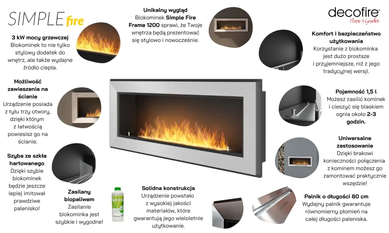Biokominek Simple Fire z płomieniami. Czy biokominek jest szkodliwy? Nie, to stylowe i wydajne źródło ciepła, bezpieczne w użytkowaniu.