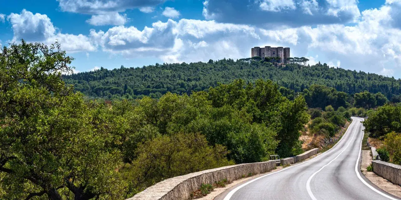 A winding road leads through lush greenery towards a majestic castle perched atop a forested hill, a perfect scene for driving in Puglia.