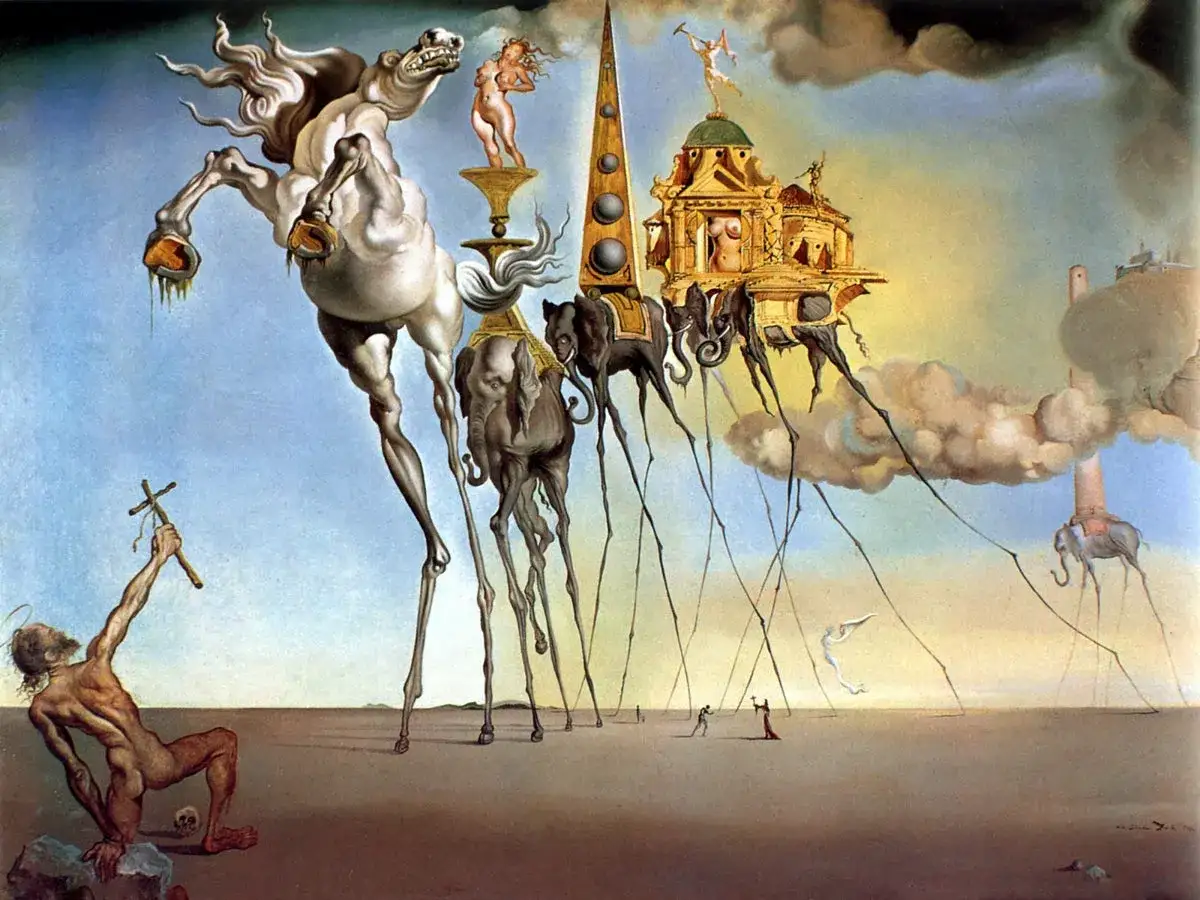 Une peinture de Salvador Dalí, connue pour ses éléphants aux longues pattes et son cheval blanc majestueux, évoquant un paysage onirique.