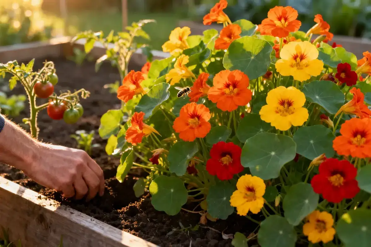 Un jardinier plante des capucines colorées. Le soleil couchant illumine les fleurs, rappelant quand semer les capucines pour une floraison éclatante.