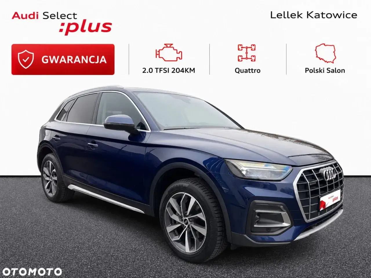 Granatowy Audi Q5 z gwarancją, napędem Quattro i silnikiem 2.0 TFSI 204KM. Sprawdź atrakcyjną audi q5 cena w Lellek Katowice.