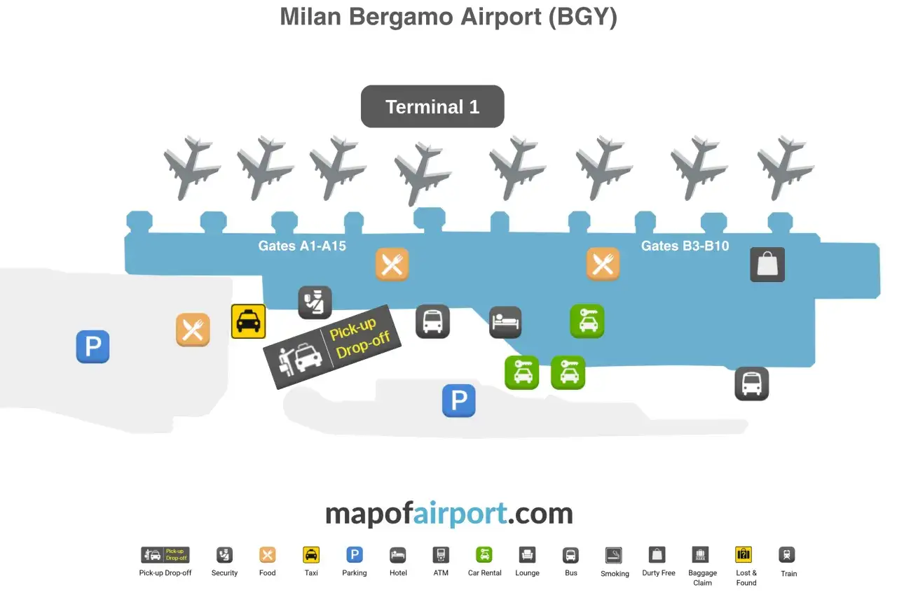 Karta &ouml;ver milano bergamo flygplats, terminal 1, med flygplan, gater, parkering, taxi, mat, upph&auml;mtning/avl&auml;mning, hotell, bankomat, biluthyrning, lounge, buss, r&ouml;kning, taxfree, bagageutl&auml;mning och f&ouml;rlorat/upphittat.