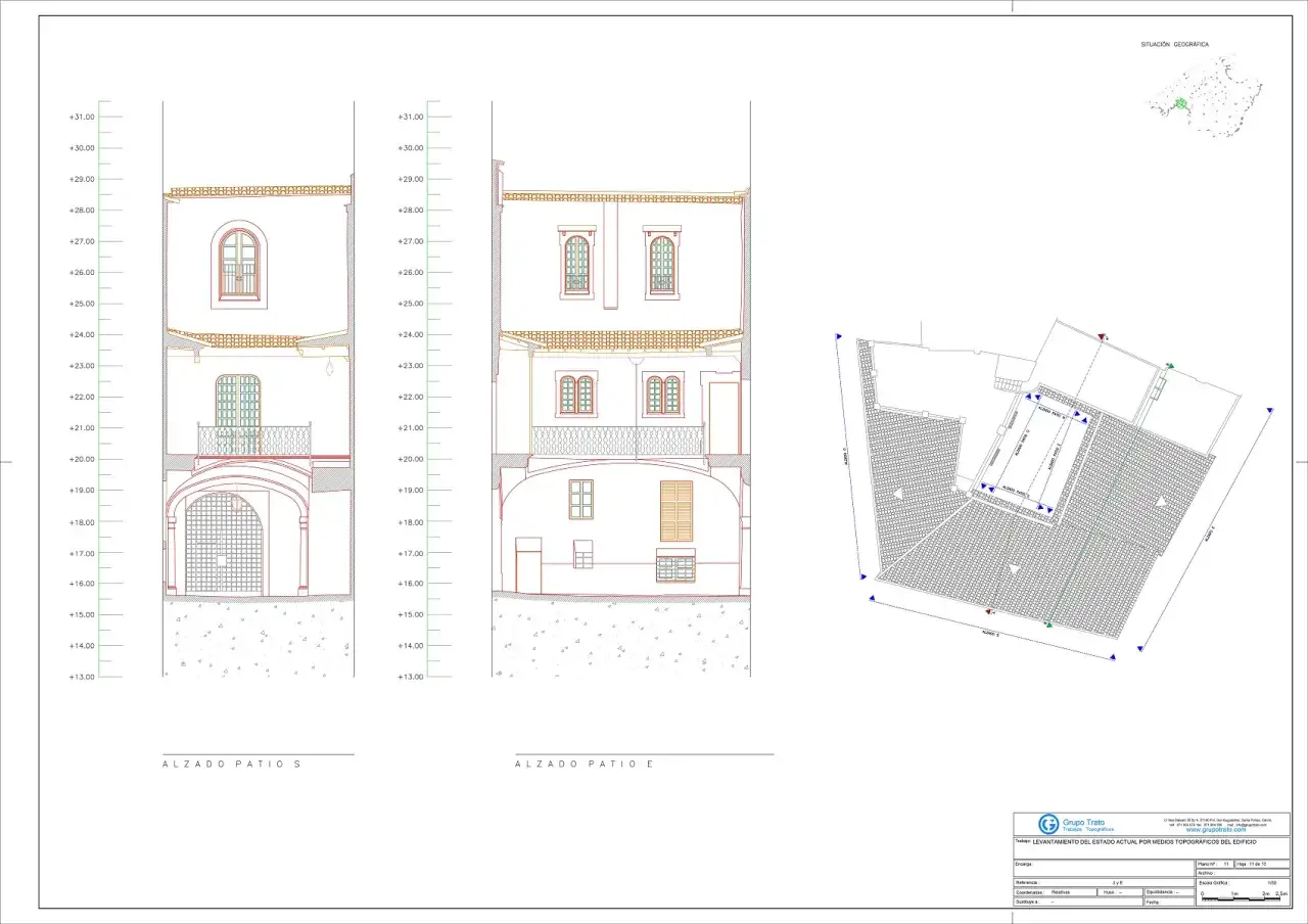 Planos de alzados y planta de un edificio, mostrando su estado actual as built. Incluye detalles arquitect&oacute;nicos y medidas.