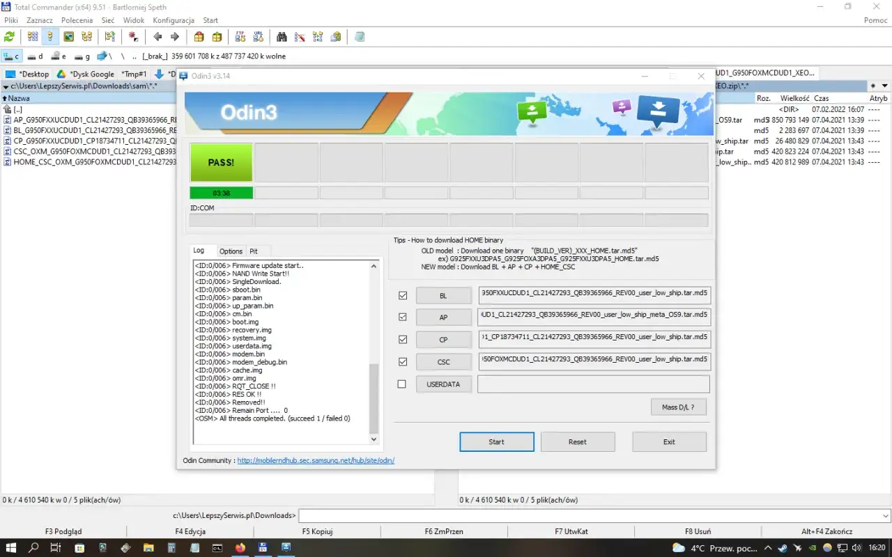 Odin - program do wgrywania androida na tablet. Widoczny komunikat