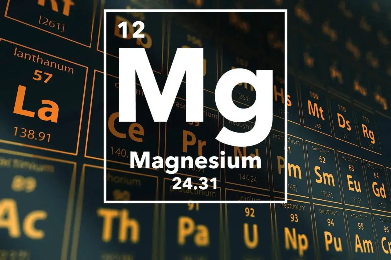 Mg, pierwiastek magnez, numer 12. W tle tablica Mendelejewa z innymi pierwiastkami.