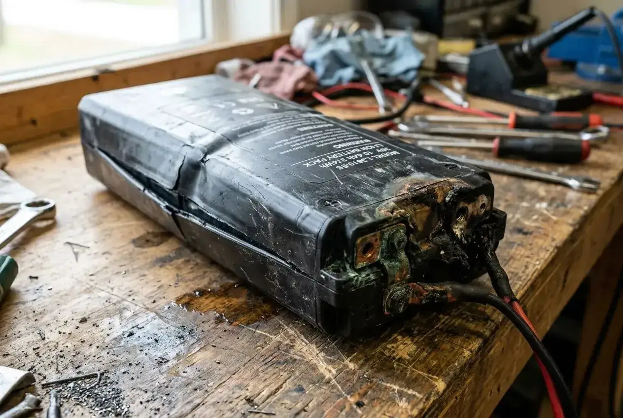 Batterie de trottinette électrique endommagée, avec des signes de surchauffe et de corrosion aux connecteurs. Un vrai problème de batterie !