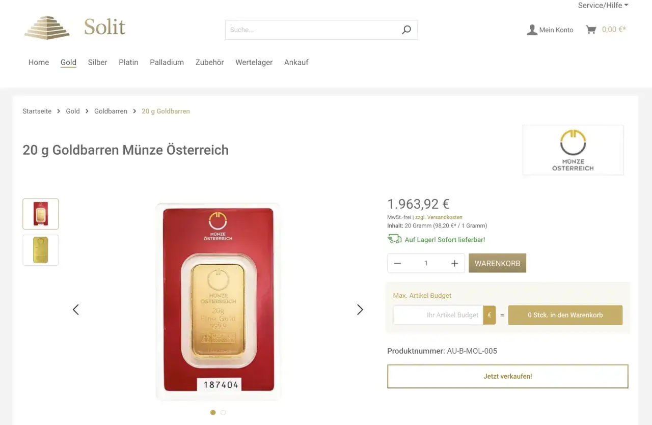20g Goldbarren Münze Österreich, 1.963,92 €. Hier erfahren Sie, wie investiere ich in Gold und sichern Sie sich diesen Barren.