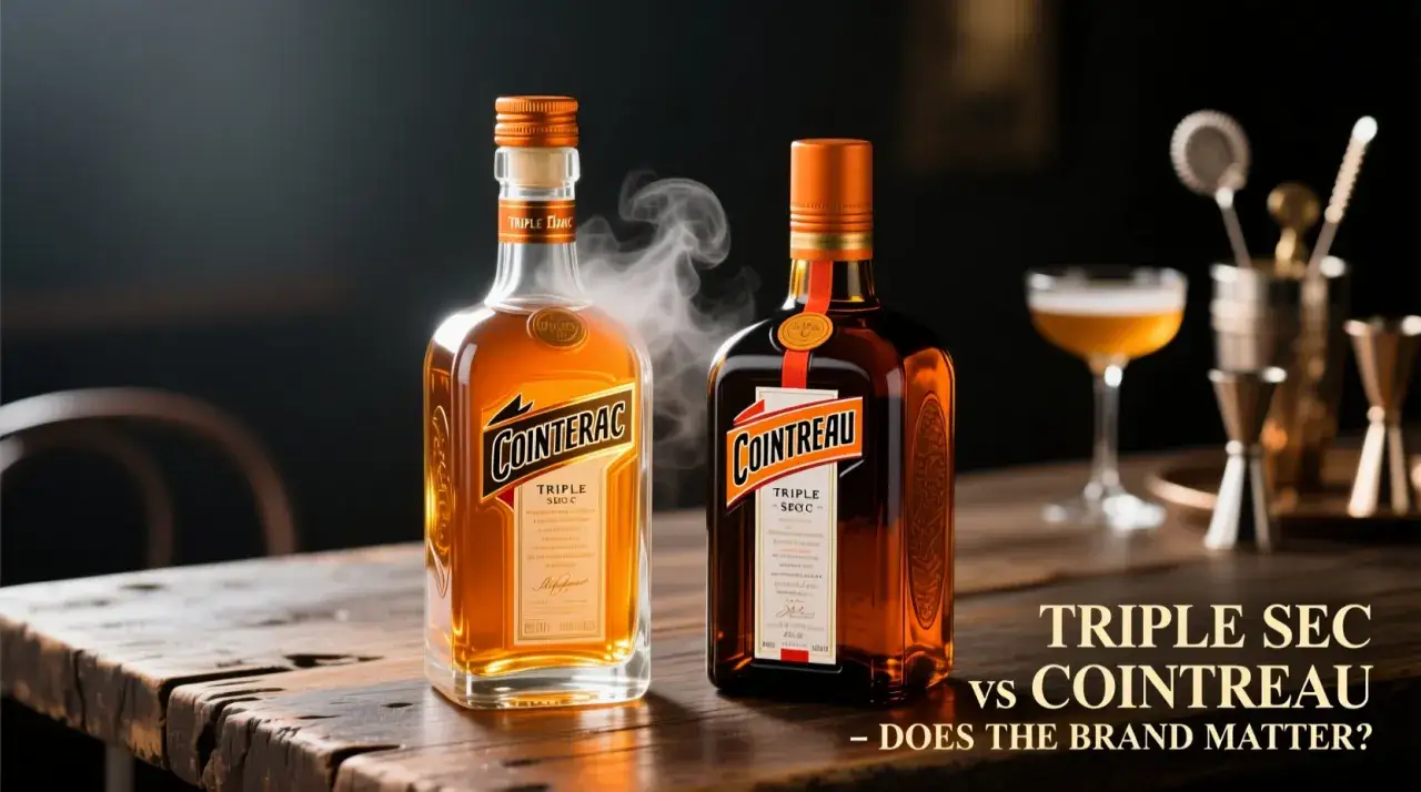 Dwie butelki likieru pomarańczowego, Cointreau i Triple Sec, na drewnianym stole. Dym unosi się nad butelkami, sugerując debatę: Cointreau kontra Triple Sec w koktajlach.