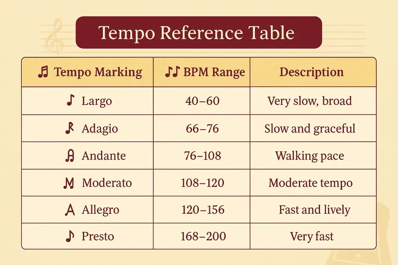 Tabela tempa muzycznego: Andante to tempo spaceru, 76-108 uderzeń na minutę.