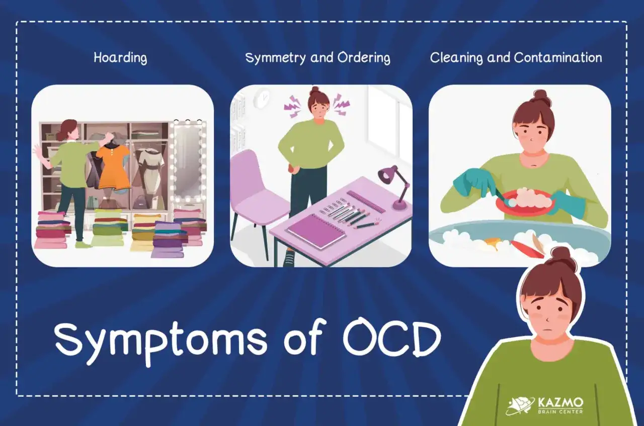 Ilustracja pokazuje objawy OCD: gromadzenie, porządkowanie i lęk przed zanieczyszczeniem.