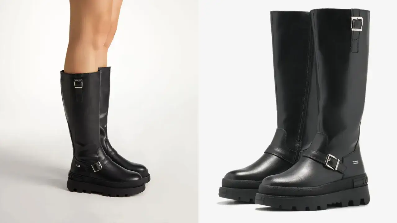 Botas altas negras de cuero con hebillas y suela gruesa. La altura de ca&ntilde;a llega hasta la rodilla, perfectas para un look moderno.