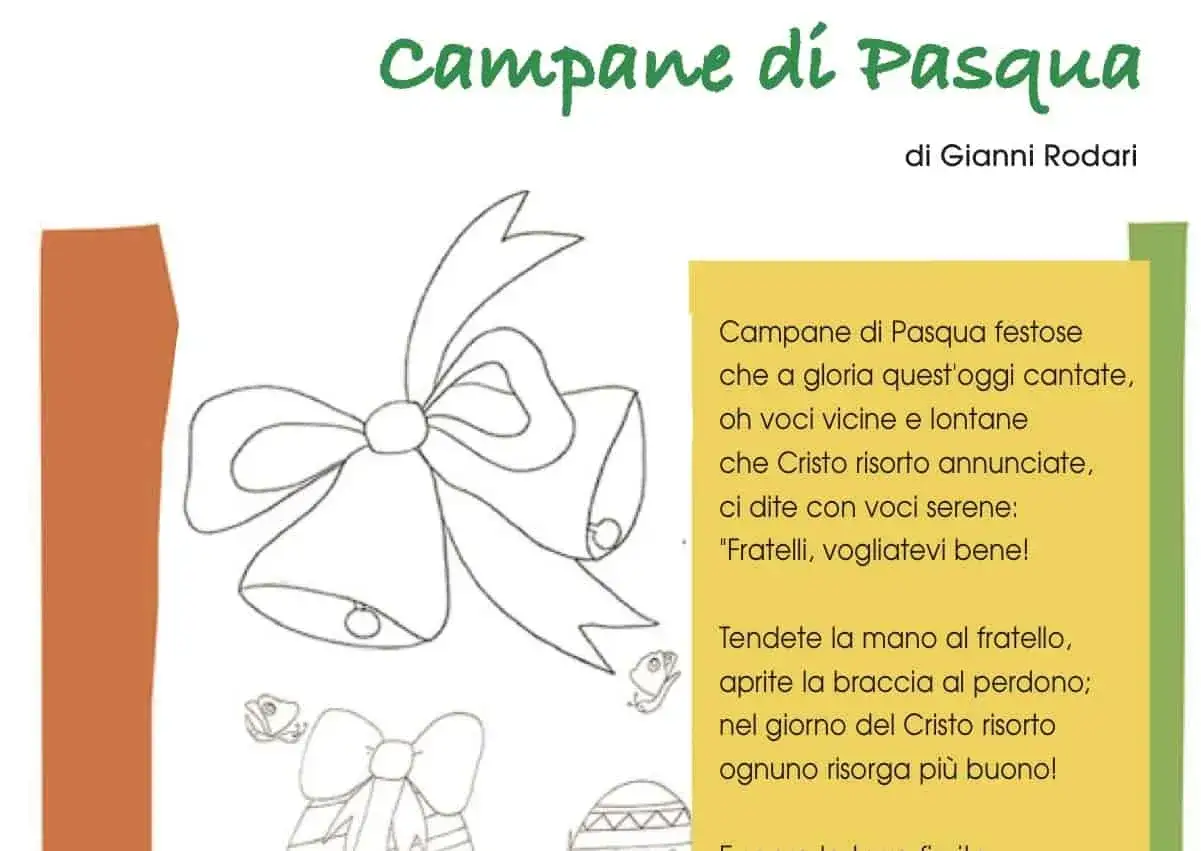 Campane di Pasqua festose, un disegno di campane e uova pasquali accompagna la poesia di Gianni Rodari.