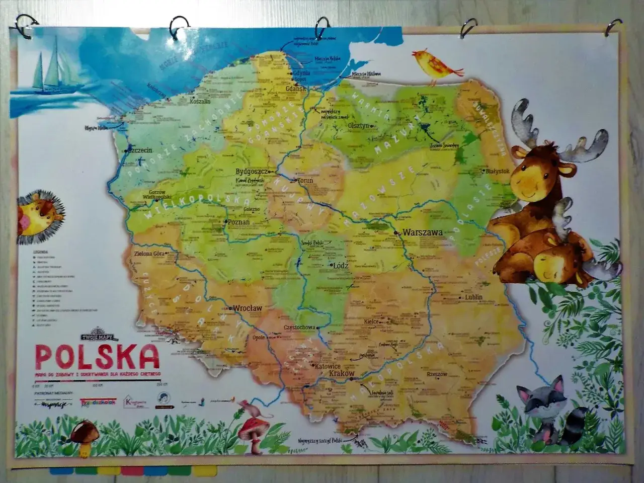 Kolorowa mapa Polski dla dzieci z pasmami górskimi, zwierzątkami i żeglującymi statkami.