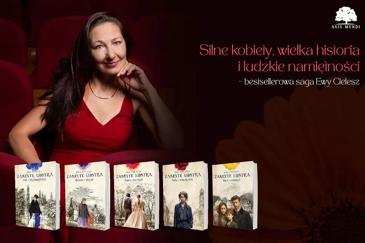 Kobieta w czerwonej sukni prezentuje serię książek Ewy Cielesz 