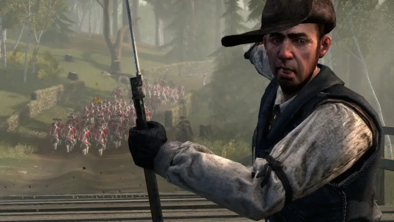 Mężczyzna w kapeluszu obserwuje maszerujących żołnierzy w czerwonych kurtkach. Scena z gry Assassin's Creed 3.