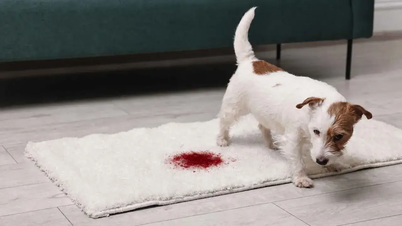 Un perro blanco y marrón sobre una alfombra con una mancha de sangre. Preocupación por mi perro orina sangre, buscando tratamiento casero.