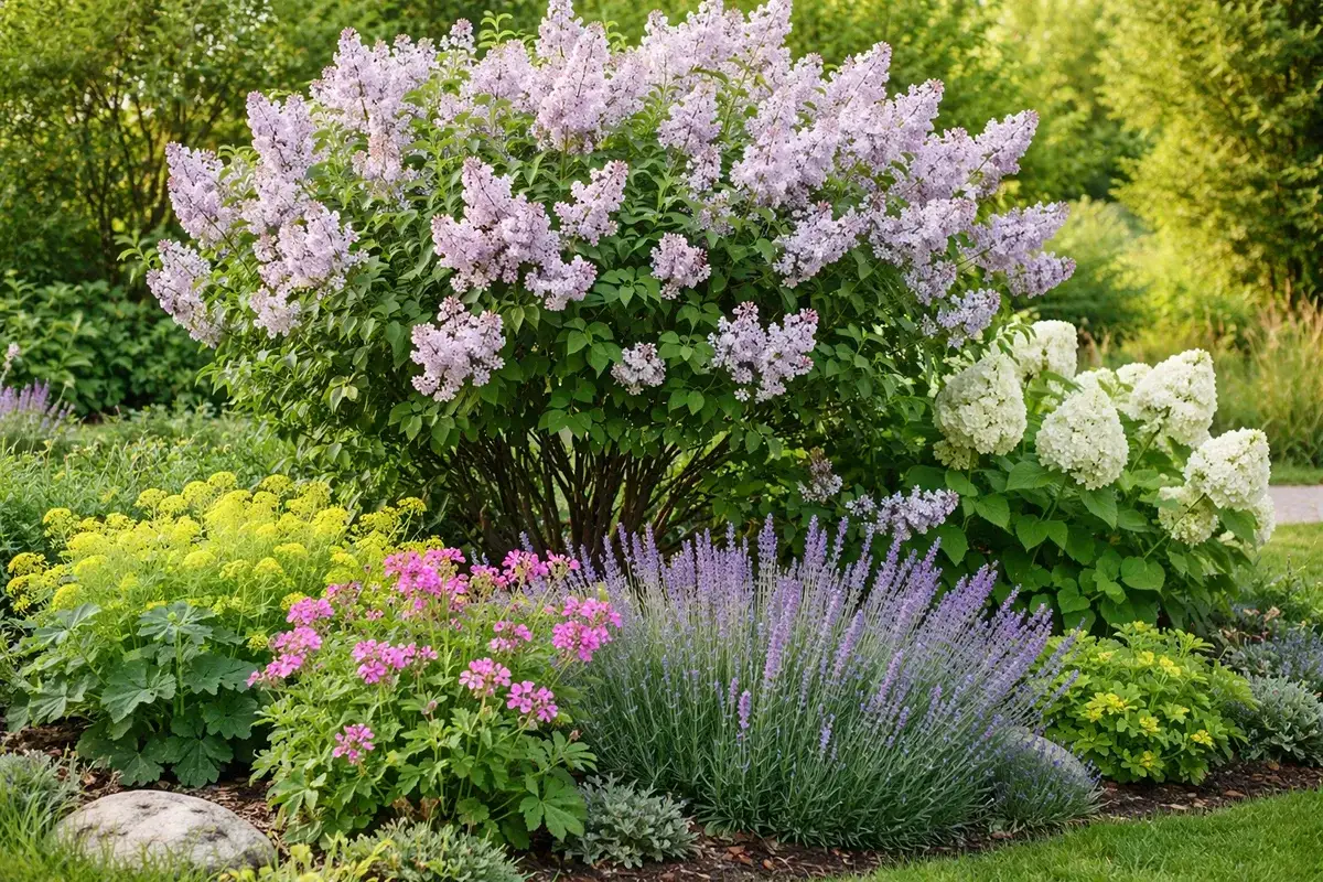 Ein üppiger Fliederstrauch dominiert diesen Garten. Daneben blühen Hortensien, Lavendel und gelbe Frauenmantel. Ein Traum, wie man Flieder kombinieren kann!