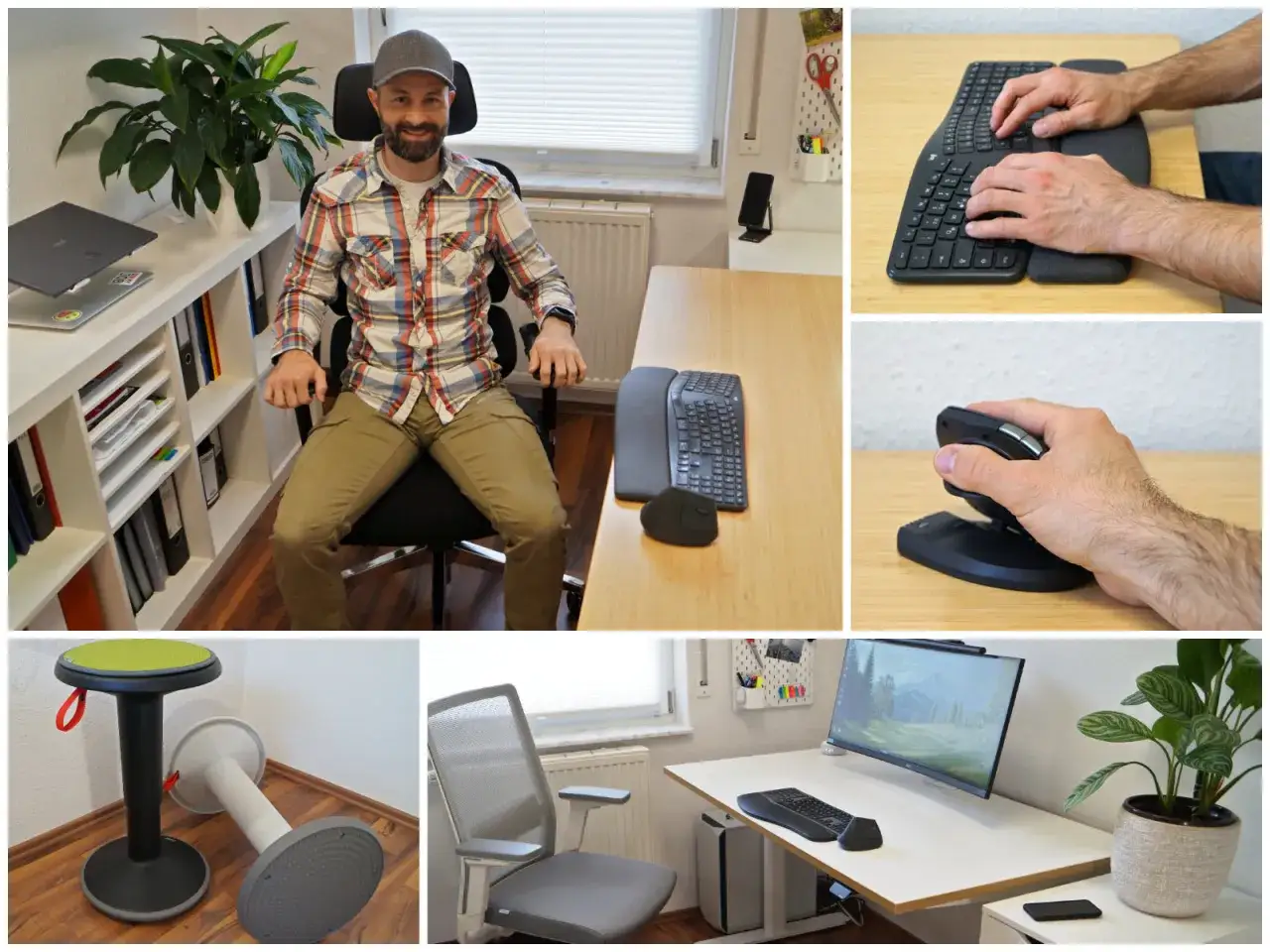 Mann im Bürostuhl, ergonomische Tastatur und Maus, Hocker und Schreibtisch für altersgerechtes Arbeiten.