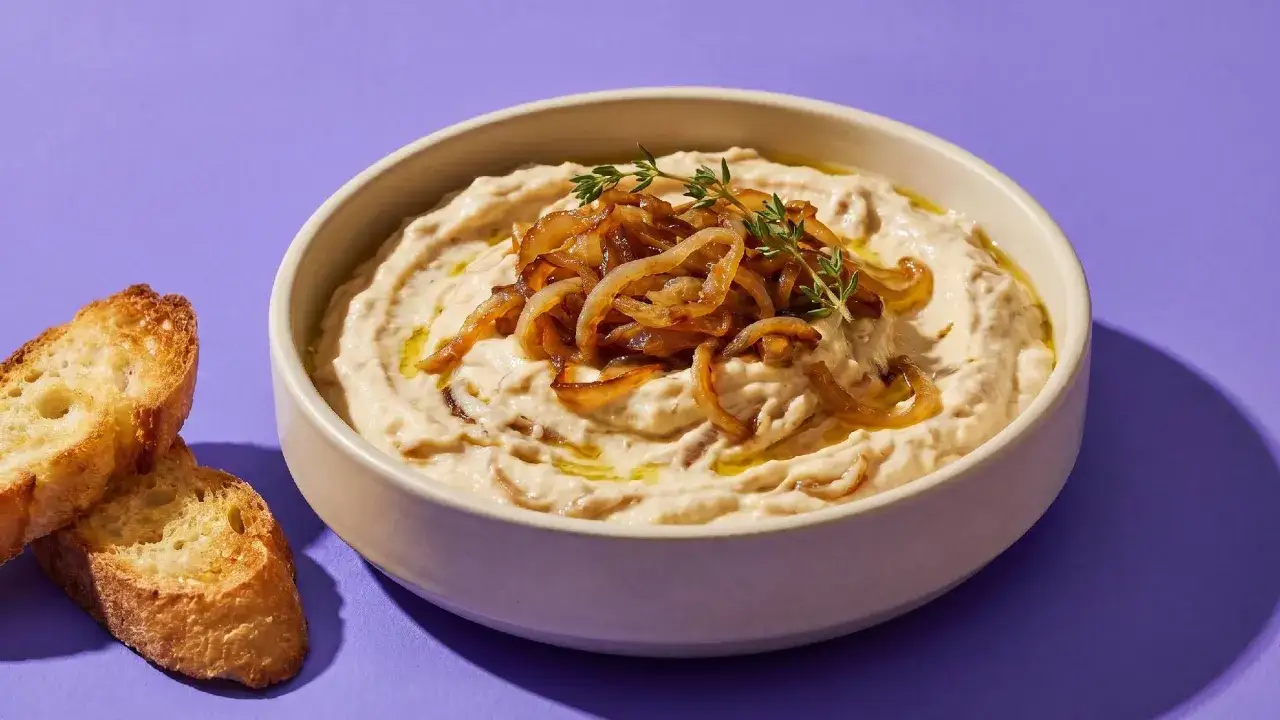 Cremiger Zwiebeldip mit karamellisierten Zwiebeln und Kräutern, serviert mit geröstetem Baguette. Ein köstlicher Zwiebeldip, der an eine herzhafte Zwiebelsuppe erinnert.