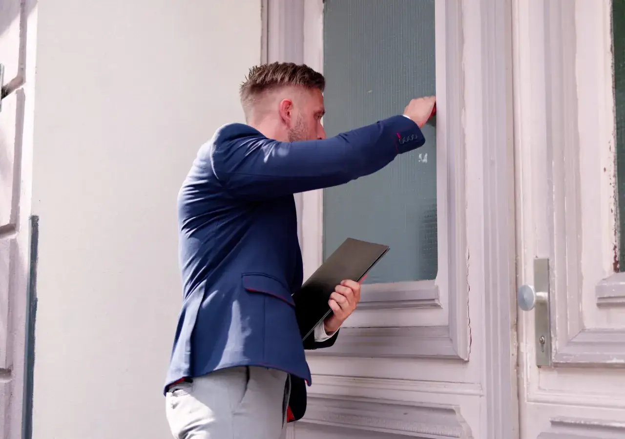 Mężczyzna w garniturze puka do drzwi, trzymając teczkę. To jego kaczmarski inkasso wizyta terenowa.
