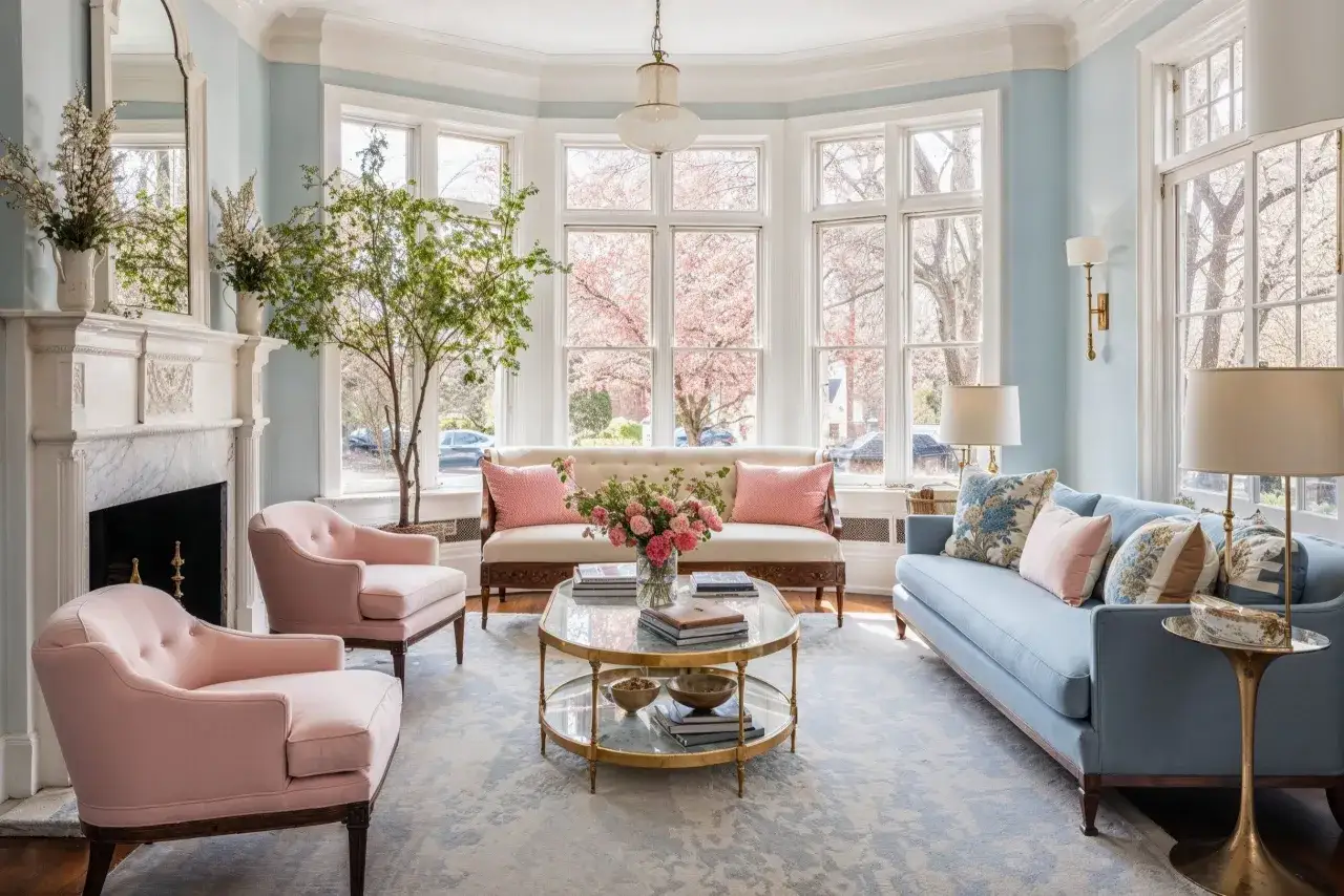 A light-filled living room showcasing transitional interior design with plush pink armchairs, a cream sofa, and a blue sofa, all arranged around a glass coffee table.