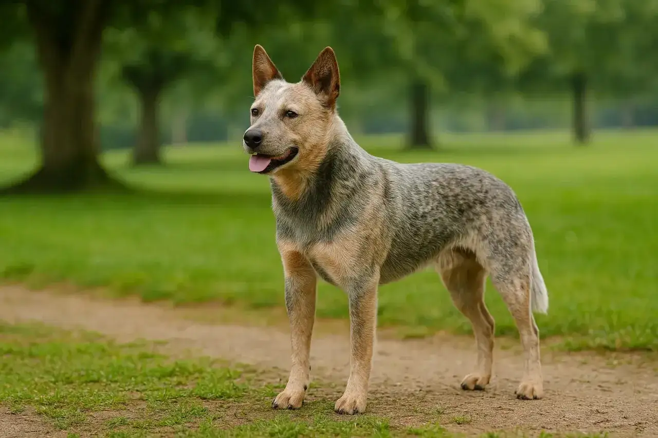 Australian stumpy tail cattle dog stoi na ścieżce w parku, z zieloną trawą i drzewami w tle.