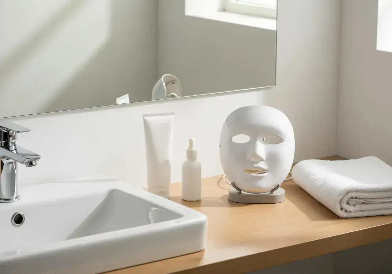 Ansiktsmask för behandling av fet hy, tillsammans med hudvårdsprodukter och en handduk på en bänkskiva vid ett handfat.